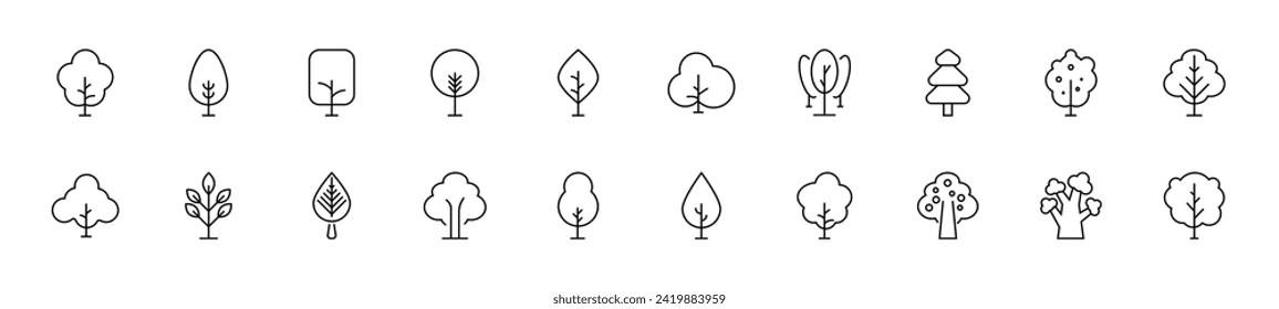 Colección de iconos de línea delgada de varios árboles. Signo lineal y trazo editable. Adecuado para sitios web, libros, artículos