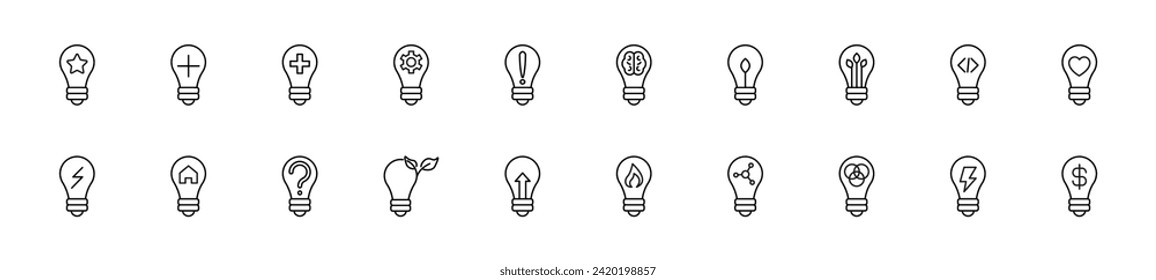 Collection of thin line icons of various signs inside of light bulb. Linear sign and editable stroke. Suitable for web sites, books, articles