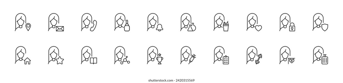 Collection of thin line icons of various items by faceless woman. Linear sign and editable stroke. Suitable for web sites, books, articles