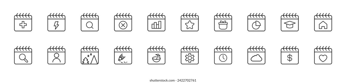 Collection of thin line icons of various items by calendar. Linear sign and editable stroke. Suitable for web sites, books, articles
