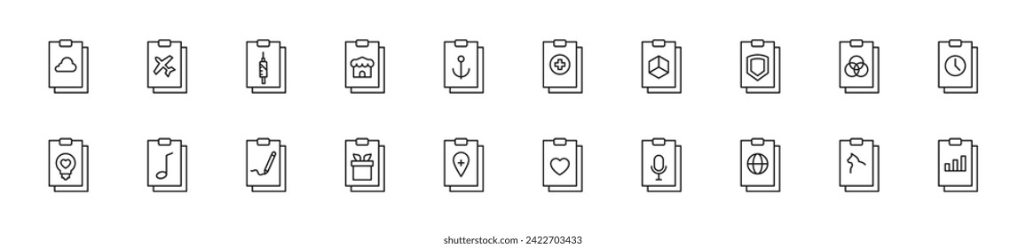 Collection of thin line icons of various clipboards. Linear sign and editable stroke. Suitable for web sites, books, articles