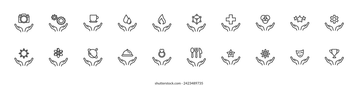 Collection of thin line icons of various items over opened palms. Linear sign and editable stroke. Suitable for web sites, books, articles