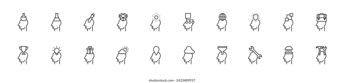 Colección de íconos de línea delgada de varios ítems sobre la cabeza de un hombre. Signo lineal y trazo editable. Adecuado para sitios web, libros, artículos