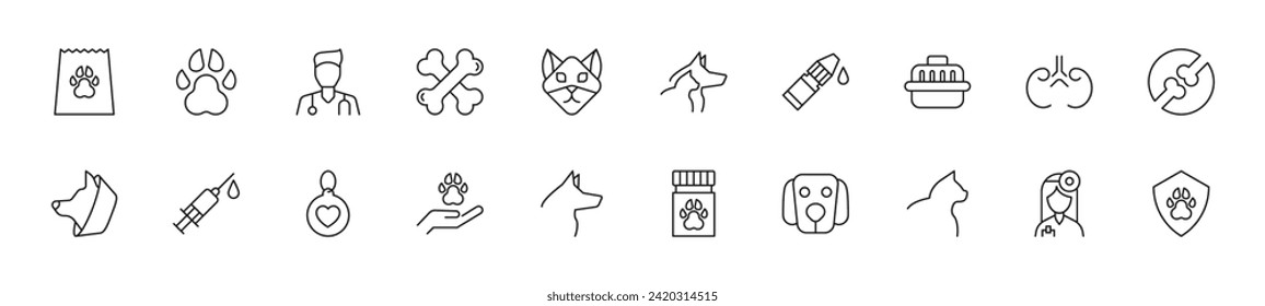 Collection of thin line icons of veterinary. Linear sign and editable stroke. Suitable for web sites, books, articles