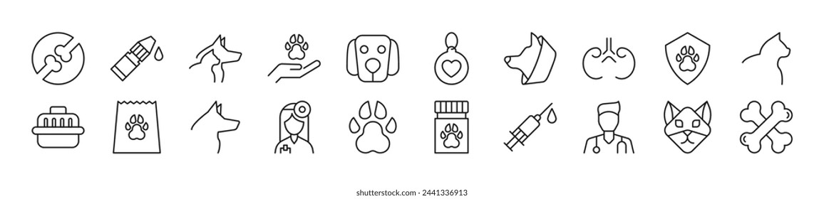 Colección de iconos de línea fina de veterinaria. Trazo editable. Ilustración lineal simple para sitios web, periódicos, libros de artículos 