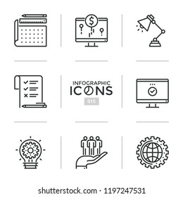 Collection of thin line icons or web linear symbols - effective work planning, task management, teamwork or business project organization. Modern vector illustration for presentation, brochure.