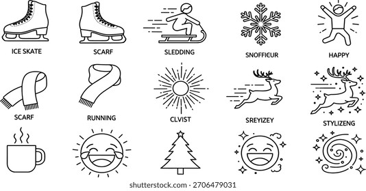 Collection of thin line icons for winter holidays, featuring Christmas symbols, festive activities, and joyful expressions