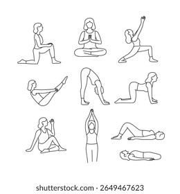 A collection of thin line illustrations of women in various yoga poses, Ideal for yoga educational materials, fitness app designs, mindfulness posters, and holistic health and relaxation