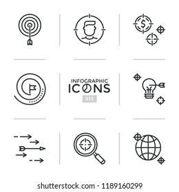 Collection of thin line pictograms or linear symbols - marketing goal setting and achieving, business targeting, targeted advertising. Vector illustration for presentation, brochure, website.