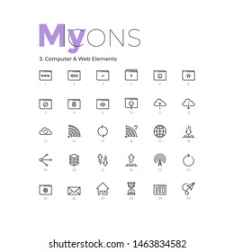 Collection of thin line pictograms or linear symbols - internet, computers, downloading and uploading online data, messaging, web browser search. Modern vector illustration for website, presentation.