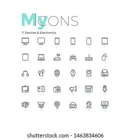 Collection of thin line pictograms or linear web symbols. Electronic devices or gadgets - computer, VR headset, microphone, cellphone, photo camera. Modern vector illustration for website, logotype.