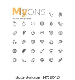 Collection of thin line pictograms, outline icons or linear web symbols. Fruits, vegetables and berries, organic vegetarian food. Healthy nutrition. Modern vector illustration for website, logotype.