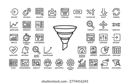 Collection of thin line representing business analytics, marketing funnels, and user interface