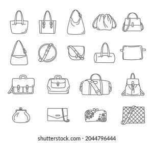 Collection of thin line style bag types vector set