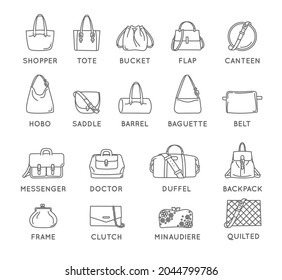 Collection of thin line style bag types vector set