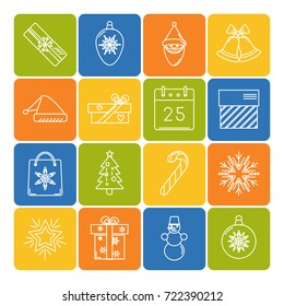 Collection of thin line style Christmas icons in square frame