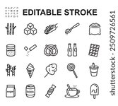 Collection of thin line style sugar icons. Contains icons such as rock sugar, granulated sugar powder, sweet food.