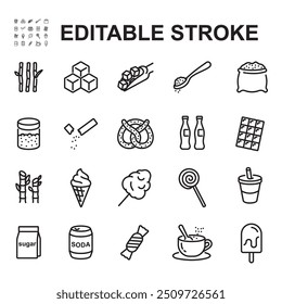 Collection of thin line style sugar icons. Contains icons such as rock sugar, granulated sugar powder, sweet food.