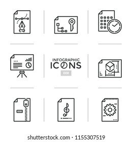 Collection of thin line symbols - digital files or electronic documents of different formats - audio, graphic, archive, system or encrypted data. Vector illustration for presentation, website.