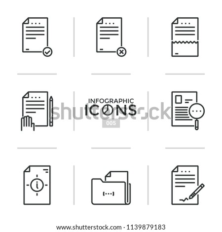 Collection of thin line symbols or linear icons - paper document, contract or agreement signing, termination, approval, cancellation. Modern vector illustration for presentation, corporate website.