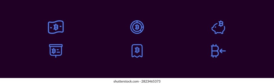 Collection of thin line vector icons representing various cryptocurrency concepts including bitcoin wallet piggy bank receipt and market analysis charts suitable for digital finance mobile applications web design and blockchain technology platforms minimalist aesthetic for UI UX projects.