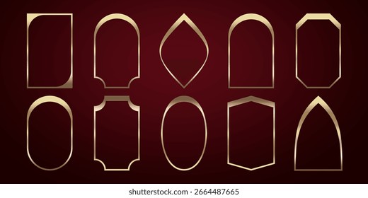 Colección de marco art deco de oro lineal delgado. marco celeste dorado, arco y borde. Fronteras de oro de lujo para invitación de boda. Ilustración vectorial elegante del marco de la línea del logotipo