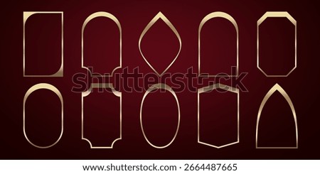 Collection of thin linear gold art deco frame. golden Celestial frame, arch and border. Luxury gold borders for for wedding invitation. Elegant logo line frame Vector illustration
