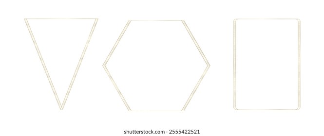 Collection of thin linear gold luxury frames. Rectangle, hexagon, triangle elegant border with decorative elements for wedding invitation, grand opening, greeting card, certificate, posters. Vector