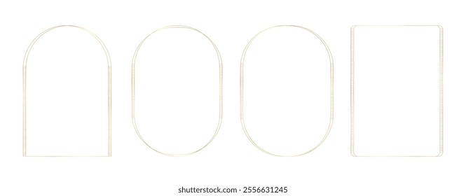 Collection of thin linear gold luxury frames. Rectangle, arch, oval elegant border with decorative elements for certificate, wedding invitation, greeting card, poster. Vector illustration