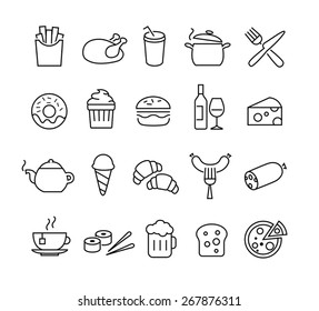 Collection of thin lines icons representing food and cooking. Suitable for print, web or mobile apps design.