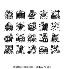 Collection of thin outline icons showing space colonization and exploration, rockets, astronauts, habitats, satellites and futuristic tech for settlement, research and interplanetary travel