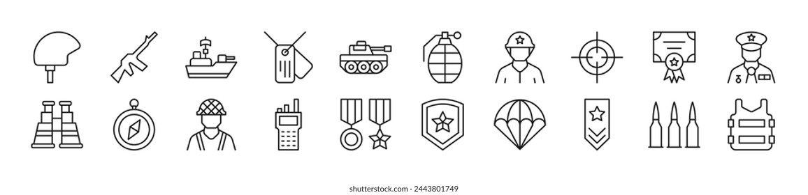 Collection of thin signs of army. Editable stroke. Simple linear illustration for stores, shops, banners, design 