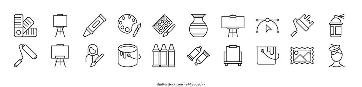 Collection of thin signs of artist. Editable stroke. Simple linear illustration for stores, shops, banners, design 