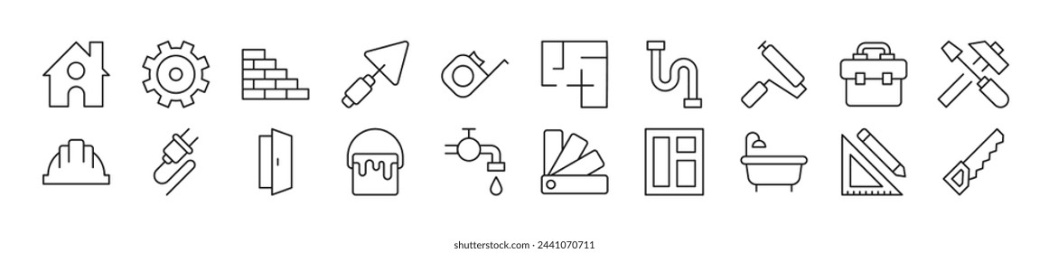Collection of thin signs of building and construction. Editable stroke. Simple linear illustration for stores, shops, banners, design 