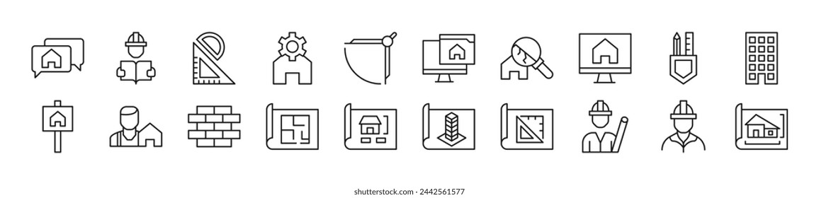 Collection of thin signs of building. Editable stroke. Simple linear illustration for stores, shops, banners, design 
