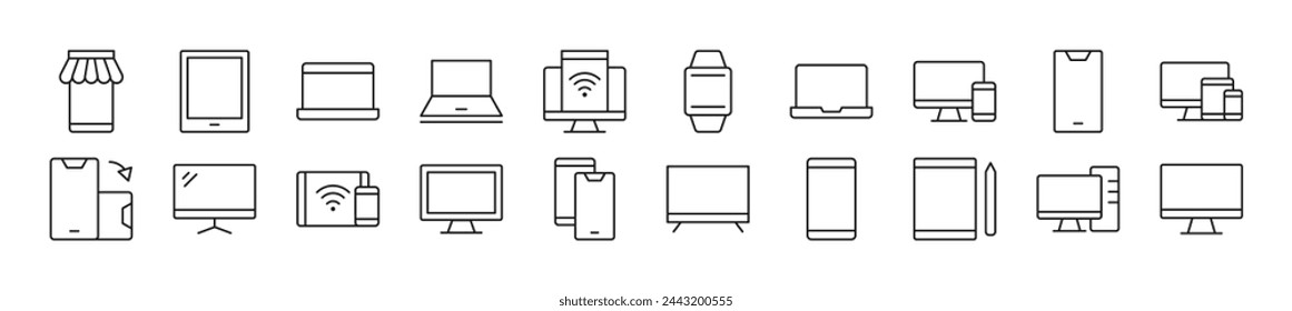 Collection of thin signs of computers, phones, laptops. Editable stroke. Simple linear illustration for stores, shops, banners, design 