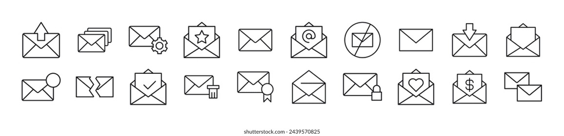 Collection of thin signs of envelope. Editable stroke. Simple linear illustration for stores, shops, banners, design 