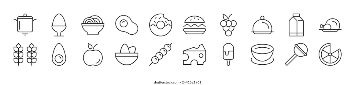 Collection of thin signs of food. Editable stroke. Simple linear illustration for stores, shops, banners, design 