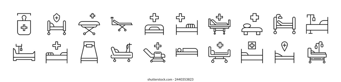 Collection of thin signs of hospital bed. Editable stroke. Simple linear illustration for stores, shops, banners, design 