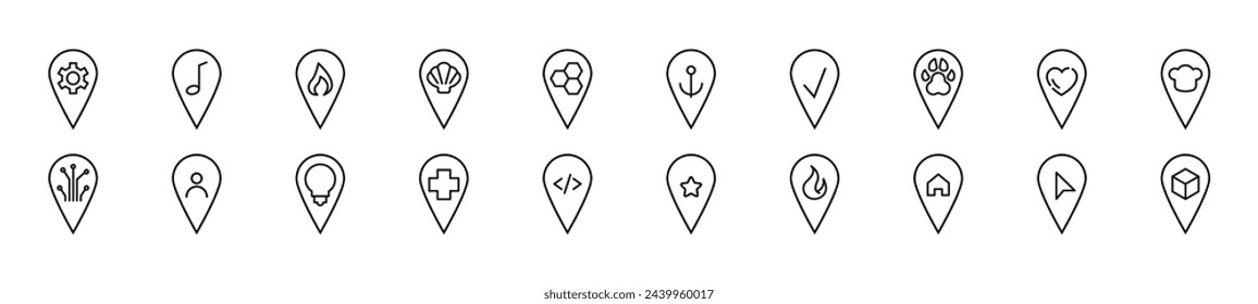 Collection of thin signs of map pin. Editable stroke. Simple linear illustration for stores, shops, banners, design 