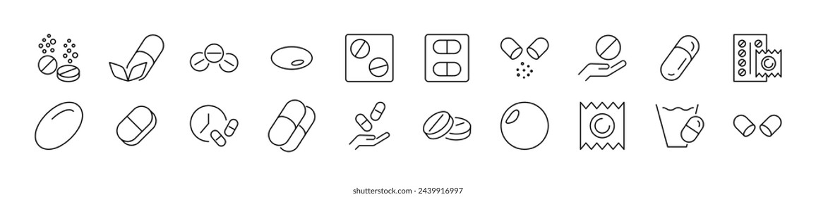 Collection of thin signs of medications, pills, drugs. Editable stroke. Simple linear illustration for stores, shops, banners, design 