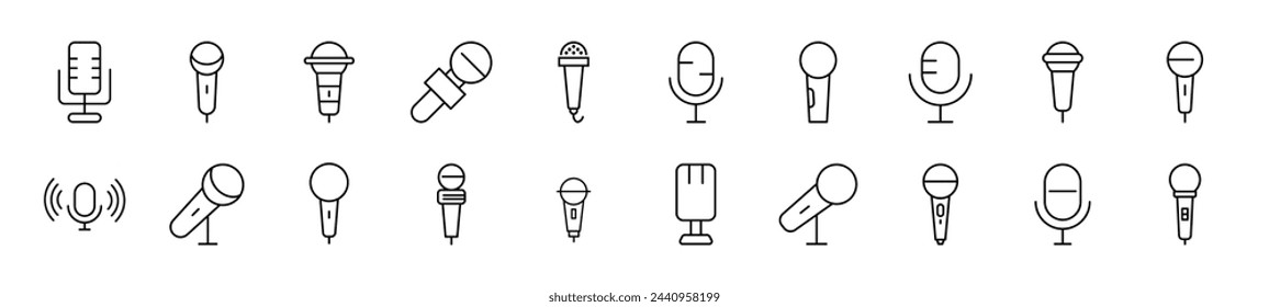 Colección de finos signos de micrófono. Trazo editable. Ilustración lineal simple para tiendas, tiendas, banners, diseño 