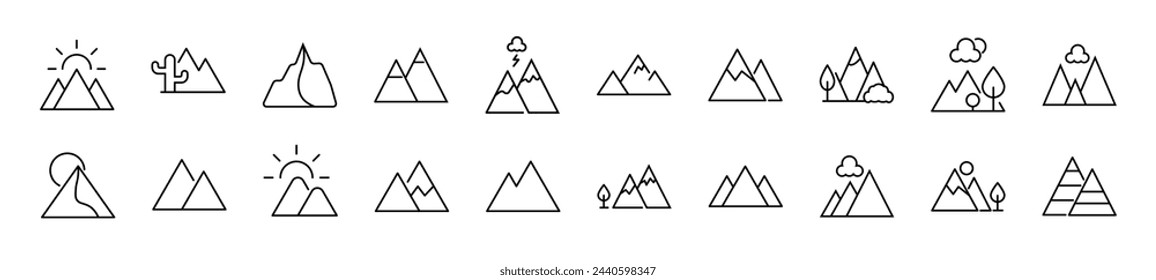 Collection of thin signs of mountain. Editable stroke. Simple linear illustration for stores, shops, banners, design 