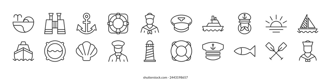 Collection of thin signs of sailor. Editable stroke. Simple linear illustration for stores, shops, banners, design 