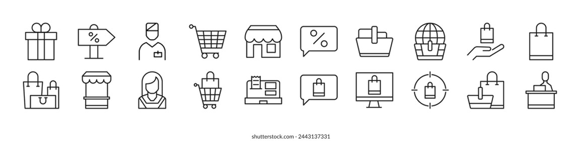 Collection of thin signs of seller. Editable stroke. Simple linear illustration for stores, shops, banners, design 