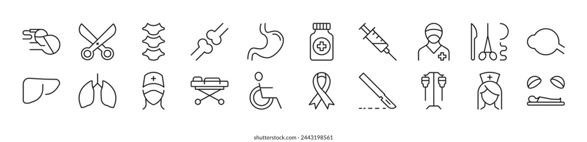 Collection of thin signs of surgeon. Editable stroke. Simple linear illustration for stores, shops, banners, design 