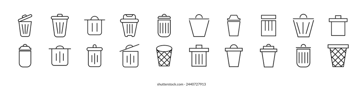 Collection of thin signs of trash can. Editable stroke. Simple linear illustration for stores, shops, banners, design 