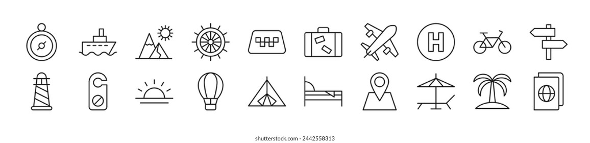 Colección de finas señales de viaje. Trazo editable. Ilustración lineal simple para tiendas, tiendas, banners, diseño 