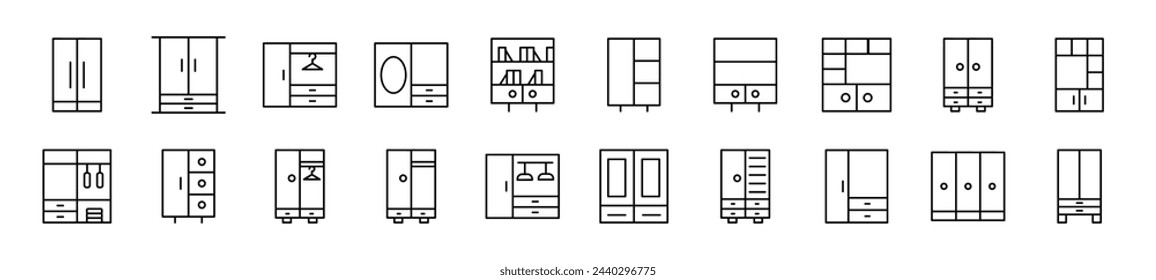Collection of thin signs of wardrobe. Editable stroke. Simple linear illustration for stores, shops, banners, design 