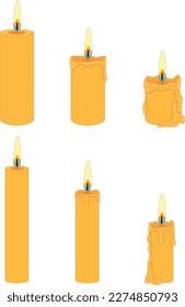 Collection of thin and thick wax candles at different stages of combustion vector illustration